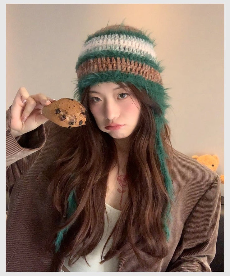 Rabbit Hair Plush Hat Korean Style Ins Warm Earflaps Cap Lace-up Cold-proof Striped Knitted Woolen Cap Winter