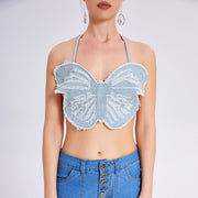 2023 Street Fashion Personality Tops Are Sexy, Thin Butterfly Pattern Denim Camisole Short Small Vest