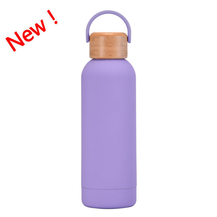 500ml Small Mouth Vacuum Cup Portable Handle Bamboo Wood Cover Water Cup Water Bottle