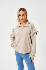 Women's Casual Ruffle Trim Half Zip Sweatshirt