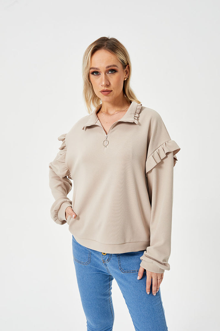 Women's Casual Ruffle Trim Half Zip Sweatshirt