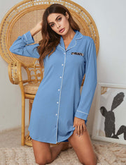 Style Women Homewear Long Sleeve Shirt Button Nightdress