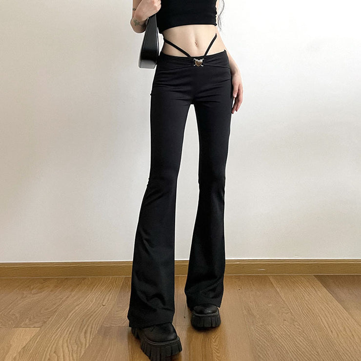 Low Rise Lace Up Sexy Metal Trim Flared Knit Skinny Straight Slack Trousers