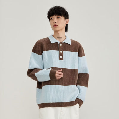 Loose Black And White Striped Sweater For Men