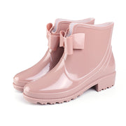 Short Tube Women's Rain Boots Waterproof Non-Slip Flat-Heeled Plastic Bow Rain Boots