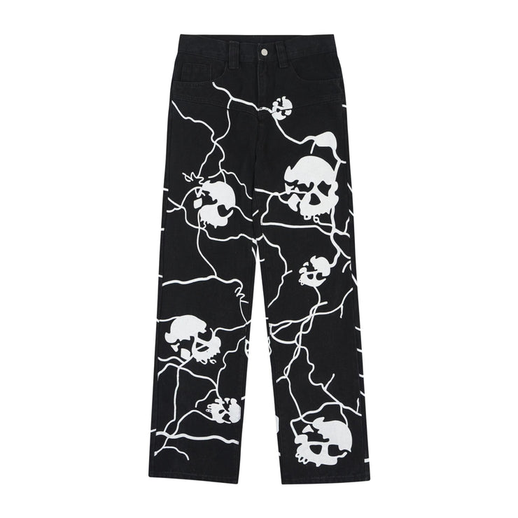 Hip Hop Full Printed Skull Jeans Dark High Street Design Sense Straight-leg Trousers