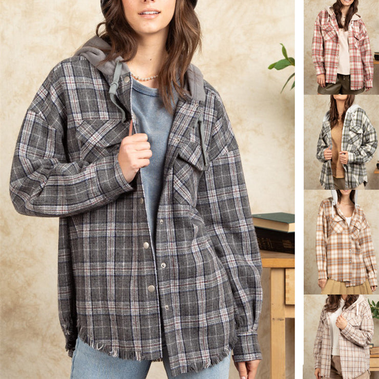 Women's Fashion Hooded Large Pocket Plaid Shirt Coat