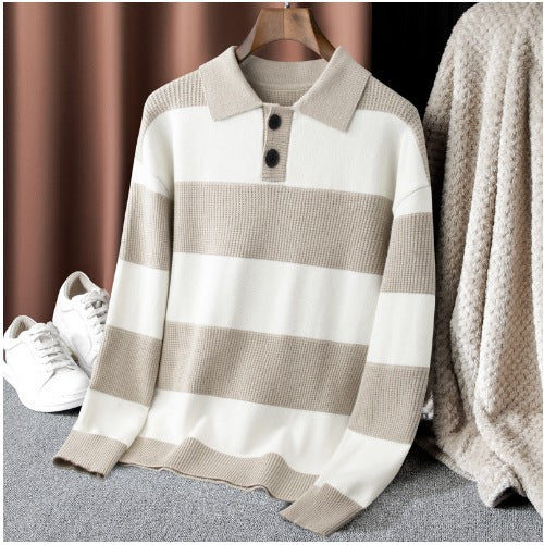 Contrast Color Striped Lapel Sweater Men's Loose