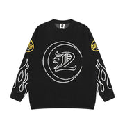 Street Fashion Gothic Letter Flame Jacquard Crew Neck Sweater