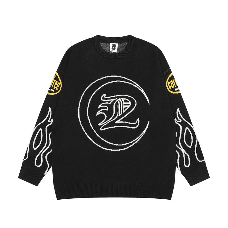 Street Fashion Gothic Letter Flame Jacquard Crew Neck Sweater