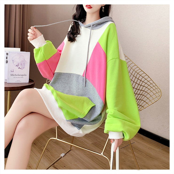 Women's Idle Style Hooded Color Matching Stitching Long-sleeved Hooded Sweater