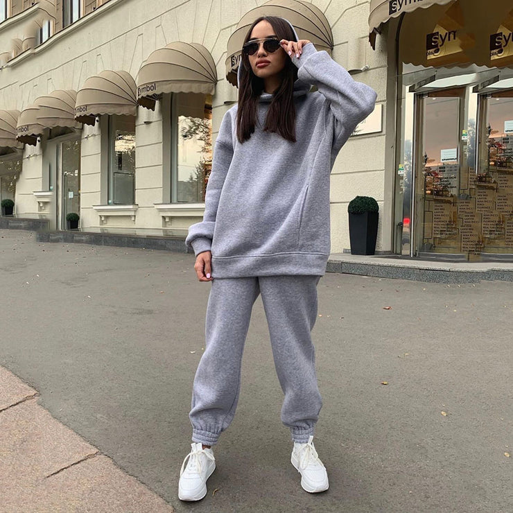 Fashion Solid Color Hoodie Casual Two-piece Set