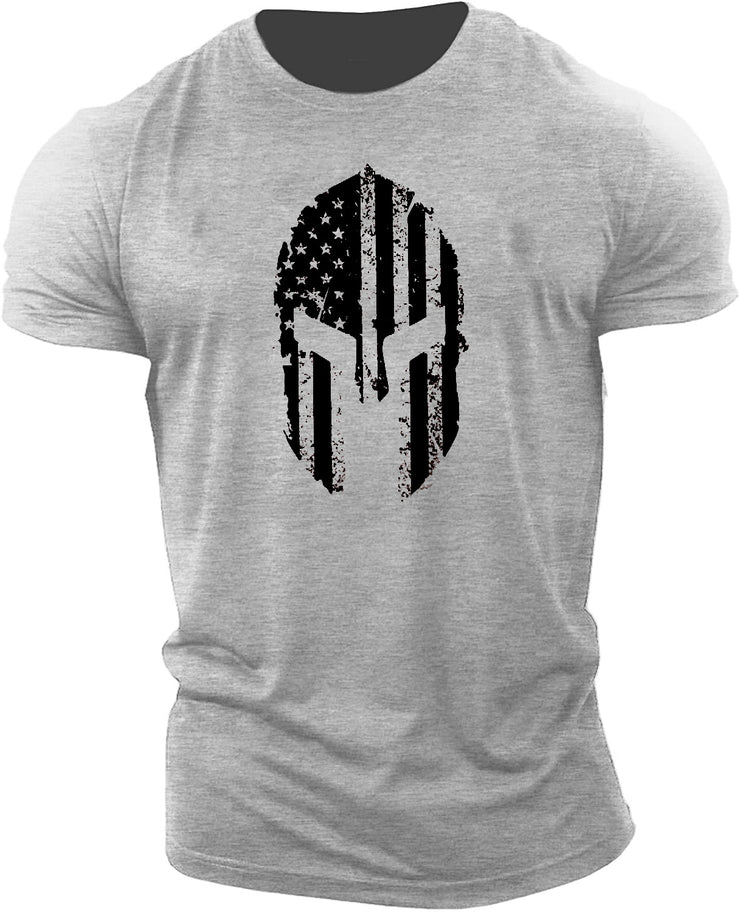 Men's American Flag Helmet Fitness Short Sleeve Cotton Gym T-shirt