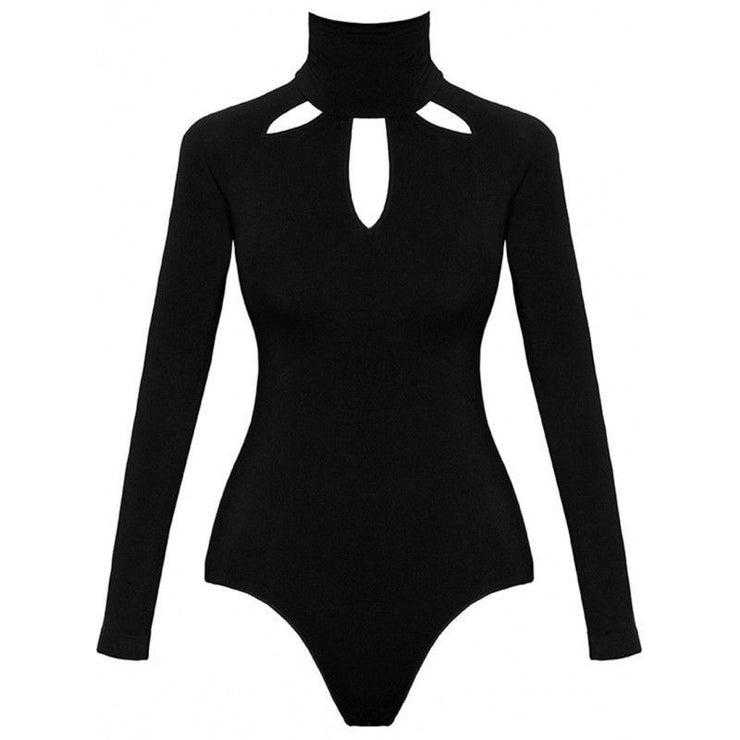 Black Cutout Long Sleeve Slim Sexy Solid Color Jumpsuit