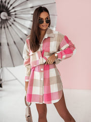 Women's Fashion Long Sleeve Color Plaid Brushed Woolen Long Coat