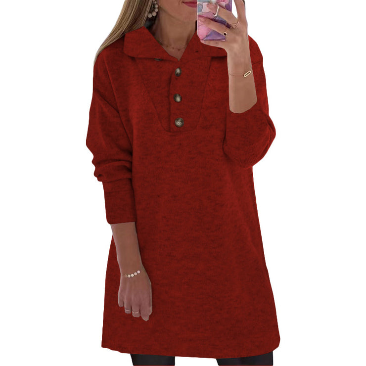 New Women's Solid Collar Button Long Sleeve Casual Dress Women