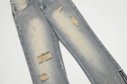 High Street Side Zipper Ripped Jeans Retro Washed Trendy Slim Fit Skinny Slim Looking