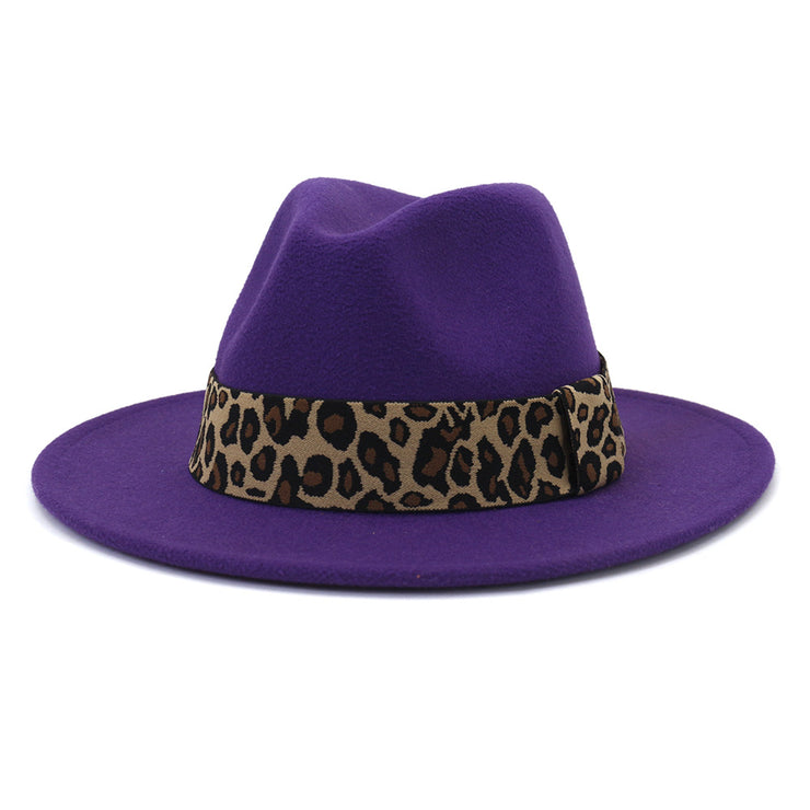 British Style Wool Leopard Print Wide-brimmed Hat