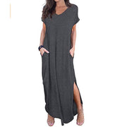 V-neck Short Sleeve Pocket Slit Irregular Dress Dress