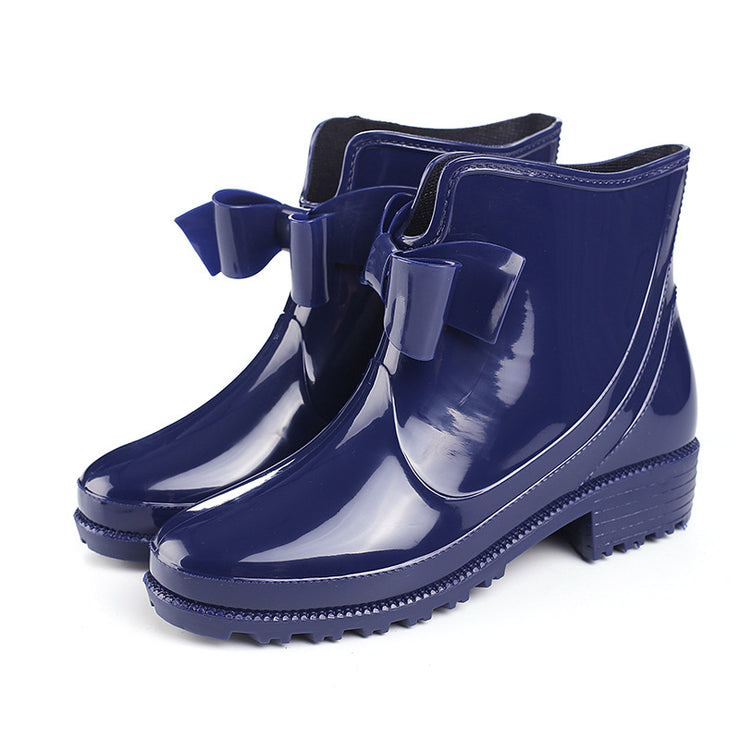 Short Tube Women's Rain Boots Waterproof Non-Slip Flat-Heeled Plastic Bow Rain Boots