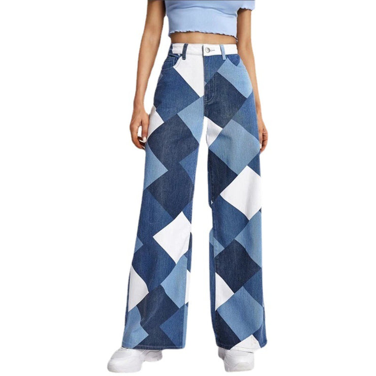 Casual High-waisted Large Straight Leg Printed Denim Pants