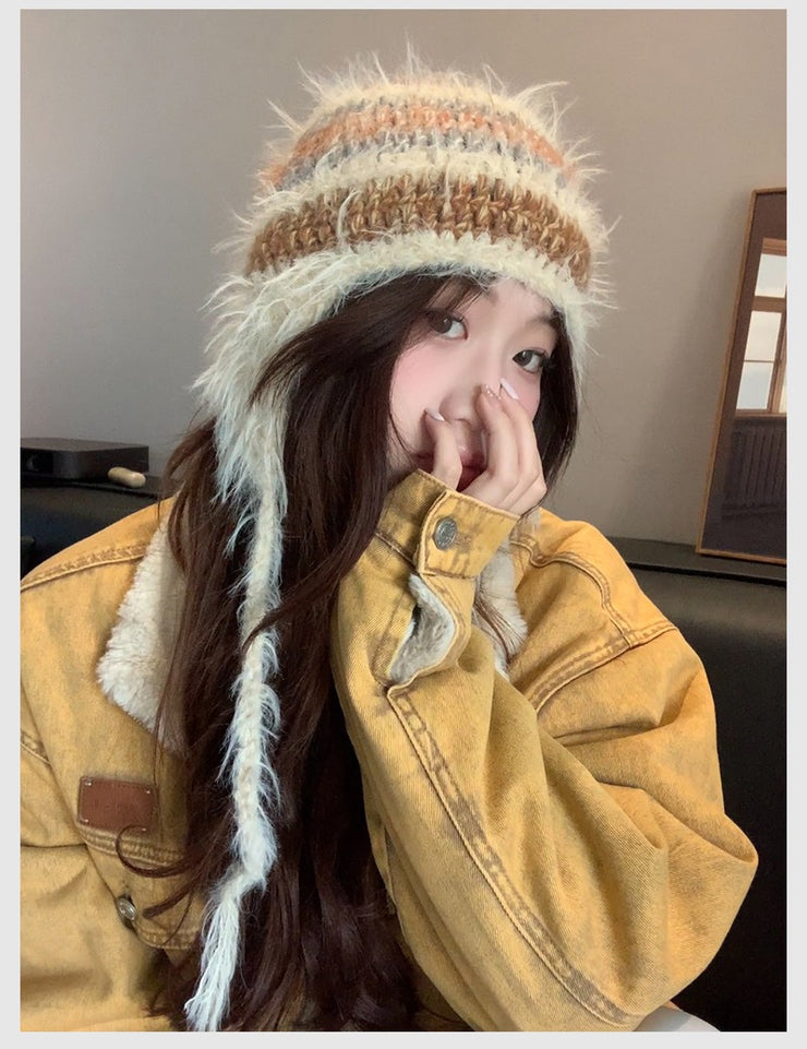 Rabbit Hair Plush Hat Korean Style Ins Warm Earflaps Cap Lace-up Cold-proof Striped Knitted Woolen Cap Winter