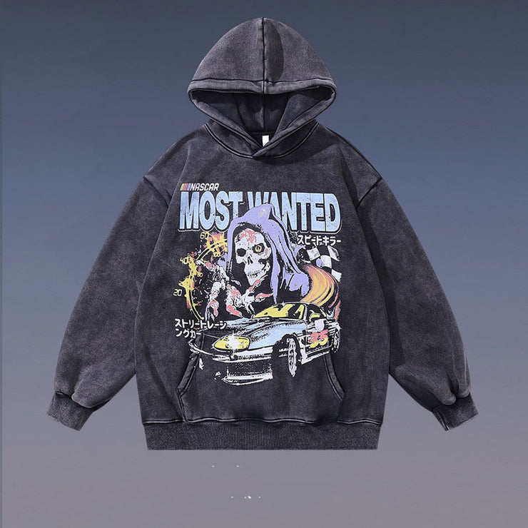 Vintage Skull Printing Plus Velvet Washed Loose Hooded Sweater