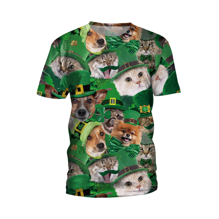 Patrick's Day Four Leaf Grass Cute Pet Cat Digital Print Round Neck T-shirt