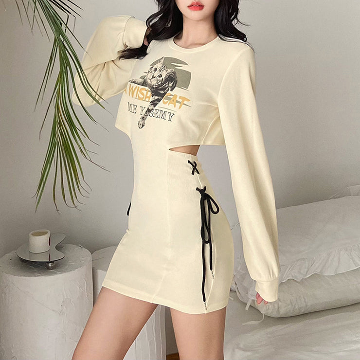 Women's Fashion Cute Cat Print Waistless Lace-up Dress