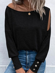 Solid Color Hollow-out Long-sleeved Top