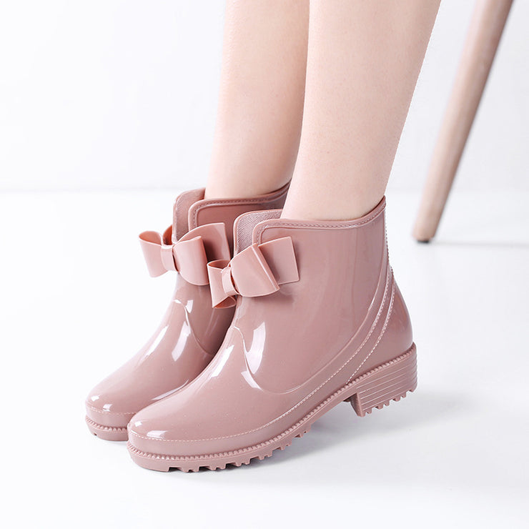 Short Tube Women's Rain Boots Waterproof Non-Slip Flat-Heeled Plastic Bow Rain Boots