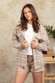 Women's Fashion Hooded Large Pocket Plaid Shirt Coat