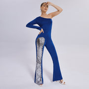 Leg Jumpsuit Mesh One Sleeve Flared