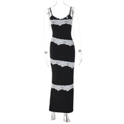 Women's Sexy Low-cut V-neck Lace Edge Stitching Collision Color Long Halter Dress