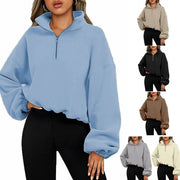 Loose Sport Pullover Hoodie Women Solid Color Zipper Stand Collar Sweatshirt Thick Warm Clothing