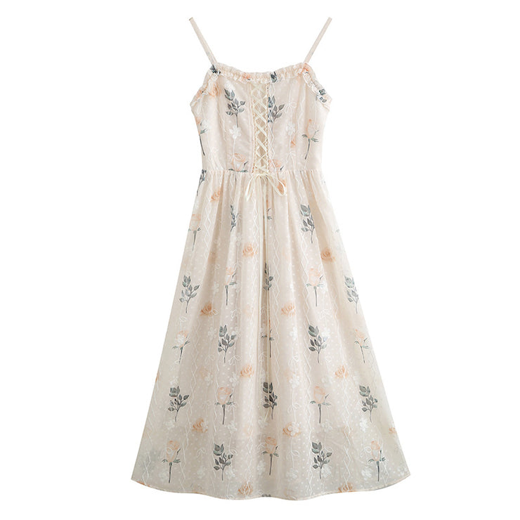 Tea Break A- Line Dress Temperament Waist-controlled Strap Floral Dress