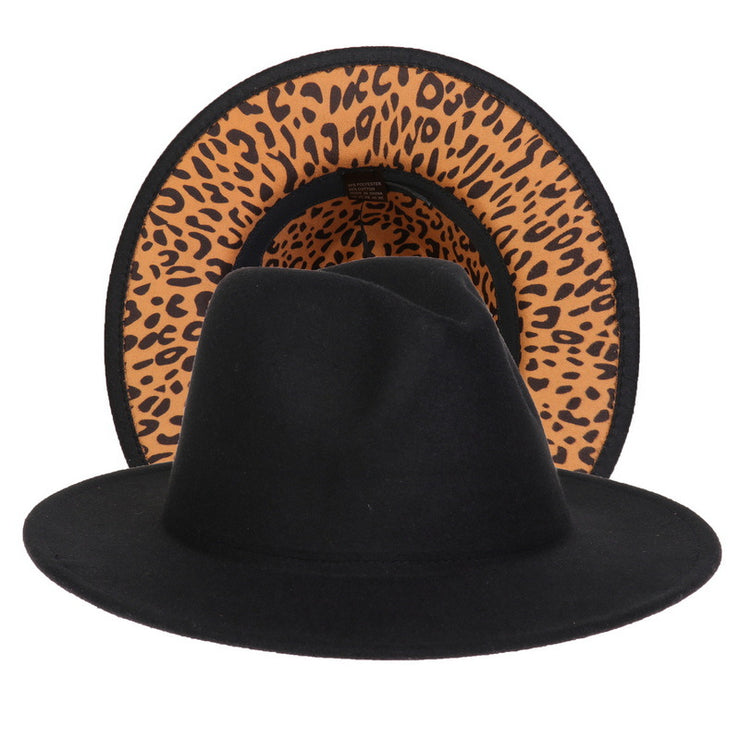 Double-sided Color-blocking Leopard Print Woolen Fedora Hat