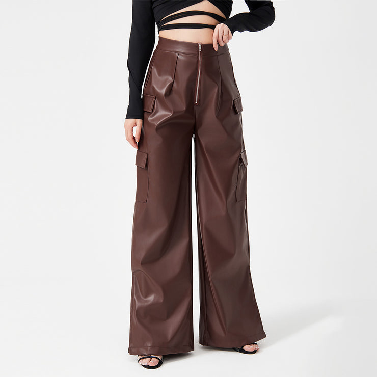 Fashion PU Trousers Metal Zipper Pocket Long Pants