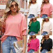 Women's Loose T-shirt With Elastic Sleeves Solid Color Outfit Fashion Tops Clothes