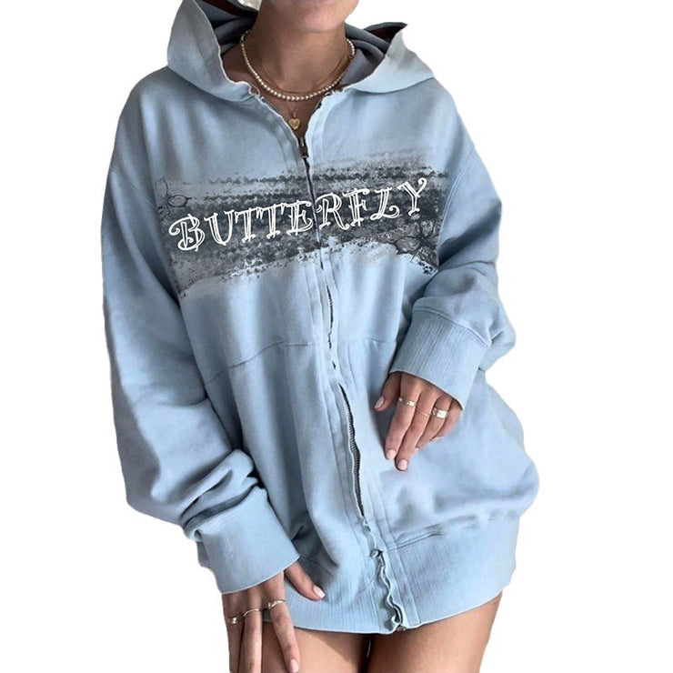 Fashion Printing Contrast Color Hooded Sweater Cardigan