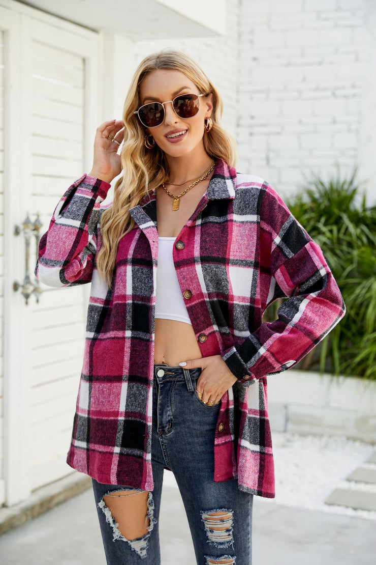 Women's Long-sleeved Plaid Shirt Mid-length Woolen Coat