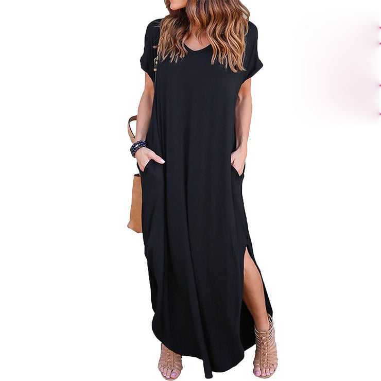 V-neck Short Sleeve Pocket Slit Irregular Dress Dress