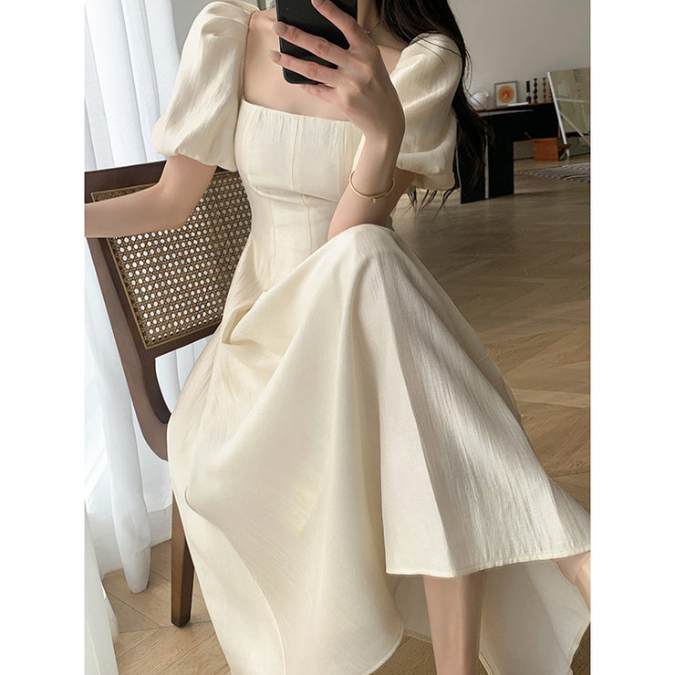 Square Collar French Tea Break Waist-tight Puff Sleeve Gentle Long Dress