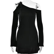 Fashion Sexy Slant Neck Off-the-shoulder Splicing High Waist Long Sleeve Wrap Hip Dress