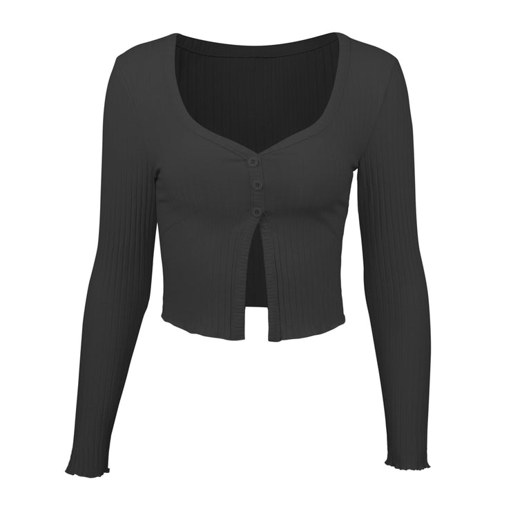 Long Sleeved Crop Cardigan Top Sexy Button Knit T-shirt