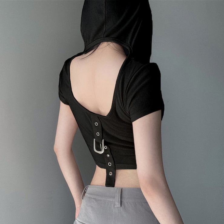 Design Sense Spicy Girl Style Backless Hollow Metal Buckle Webbing Stitching Hooded Sweatshirt Double Zipper Slimming Hundred With Tops