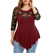 V-Neck Lace Irregular Waist Three-Quarter Sleeve Top