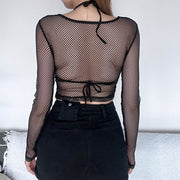 Spice Girls Sexy Features Pentagram Single-breasted See-through Hollow T-shirt Female New U Collar Mesh Long-sleeved Blouse