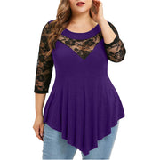 V-Neck Lace Irregular Waist Three-Quarter Sleeve Top