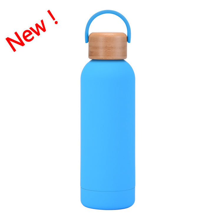 500ml Small Mouth Vacuum Cup Portable Handle Bamboo Wood Cover Water Cup Water Bottle